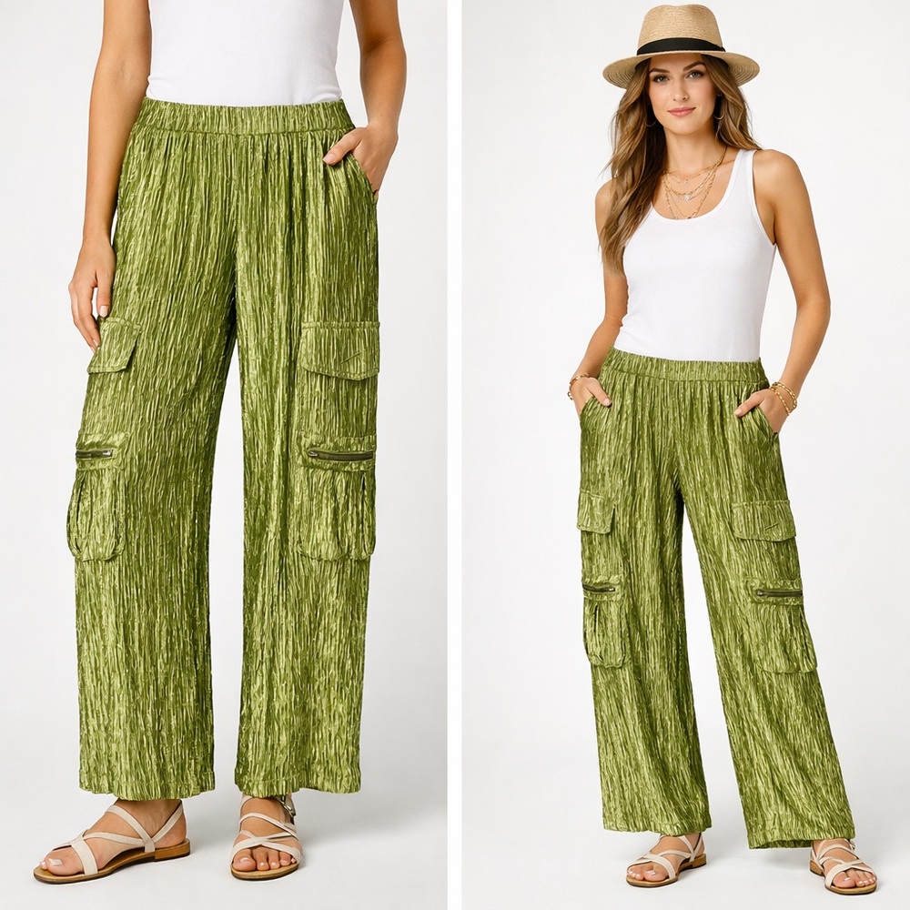 NWT NKN Nekane Lime Metallic Stretch Crinkle Cargo Pants Green Size M